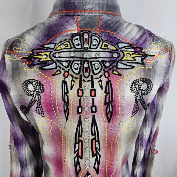 NWT! Roar Native Song Shirt Medium Plaid Embroidered Rhinestone Western Purple - Picture 1 of 15